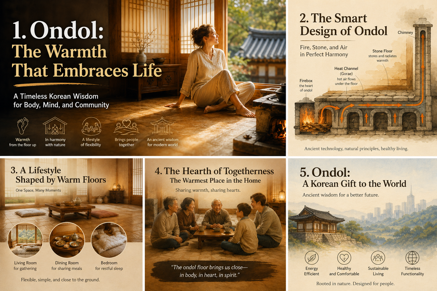 An English infographic consisting of five sections that explain the principles and cultural value of Ondol, Korea's traditional underfloor heating system. It highlights the system's scientific structure—consisting of a firebox (Agungi), heat channels (Gorae), a stone floor (Gudeuljang), and a chimney—along with the traditional floor-based lifestyle that transforms a single space into a living room, dining room, or bedroom. The image features a multigenerational family gathering on the warm floor to talk, and a landscape where traditional Hanok and a modern cityscape coexist, emphasizing the physical, emotional warmth, and sustainable value that Ondol provides.